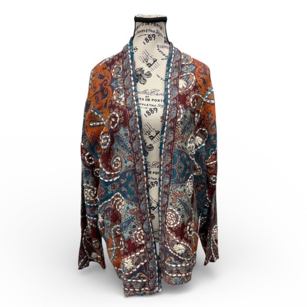 Boho Paisley Embroidered Open Front Cardigan Kimono Jacket L/XL Vintage Vibe